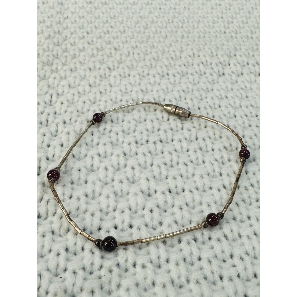 Vintage Silver Tone Tube Bead Bracelet Burgundy Purple Beads 7.25"